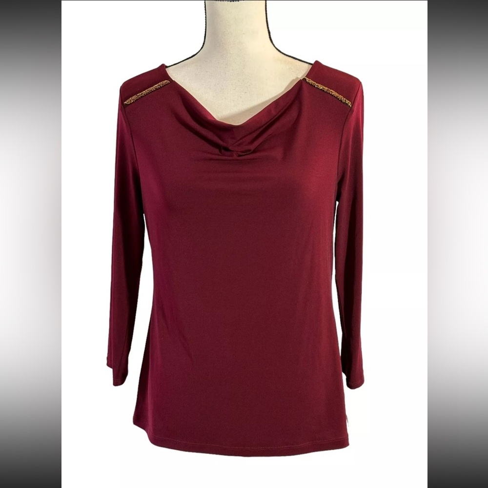 Liz Claiborne Size L Burgundy Bead Embellished Long Sleeve Cowl Neck Top